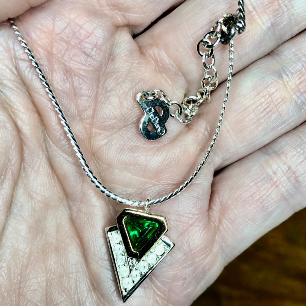 Christian Dior Emerald Green & Ice Clear Chrystal V-Necklace & Earring Set Vtg. - Picture 4 of 14